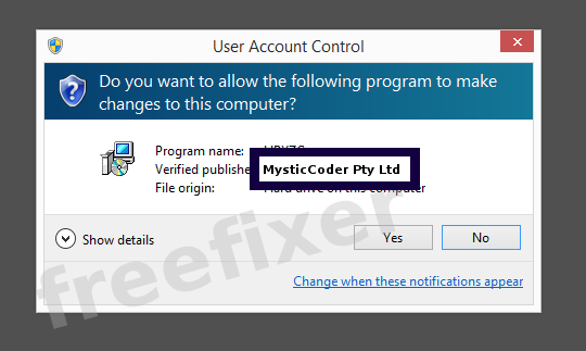 Screenshot where MysticCoder Pty Ltd appears as the verified publisher in the UAC dialog
